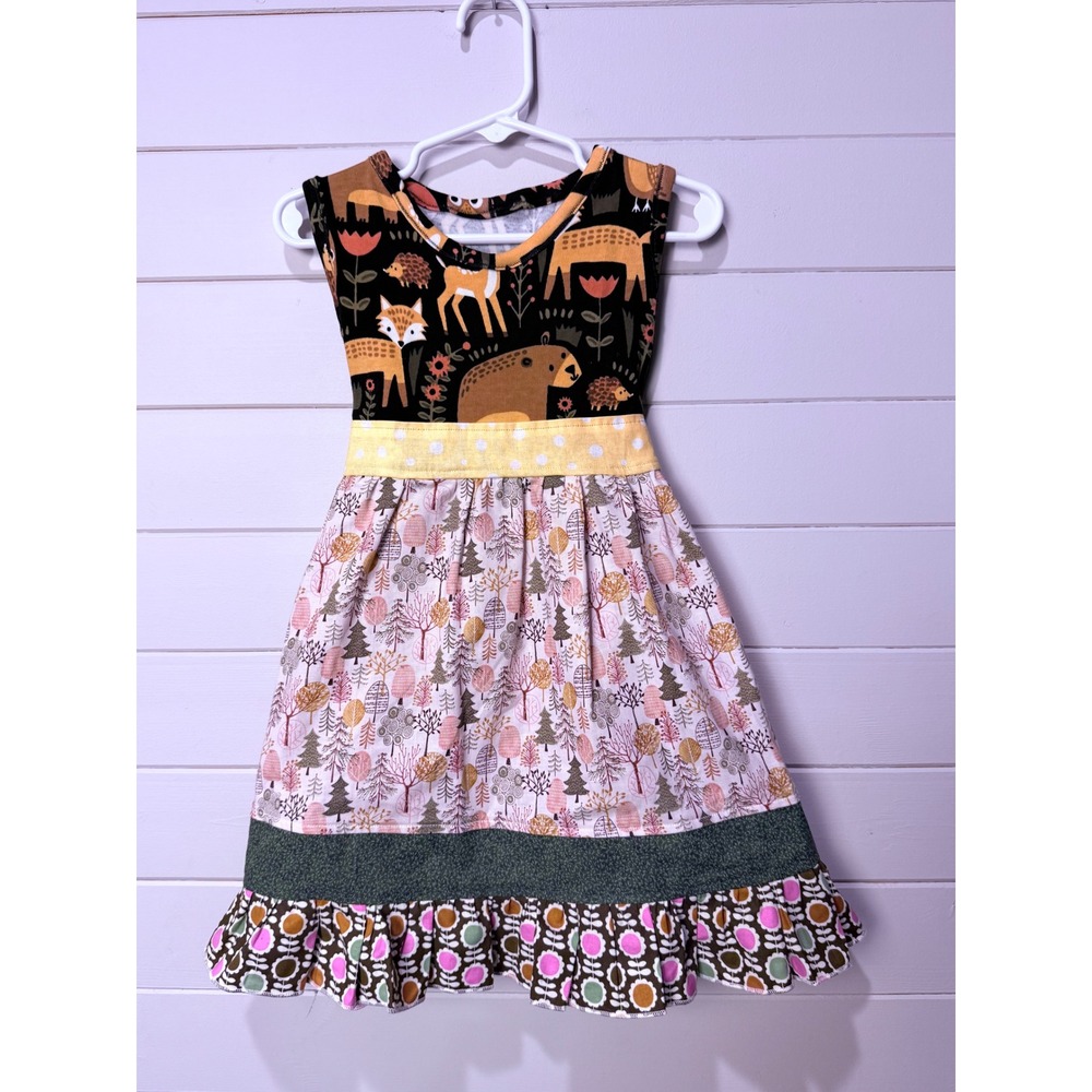 Kids Boutique Woodland Animals Forest Trees Ruffle Hem Dress Girls Size 3T 4T